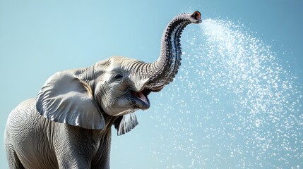 Naklejka premium Powerful Elephant Trunk Spraying Water in Lush Natural Waterfall Scenery