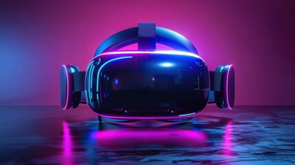Futuristic virtual reality headset with neon lights on a reflective surface, highlighting modern technology and immersive experiences.