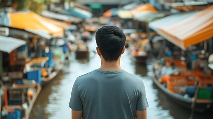 Fototapeta premium A Man in a Grey Shirt Contemplates the View of a Busy Floating Market