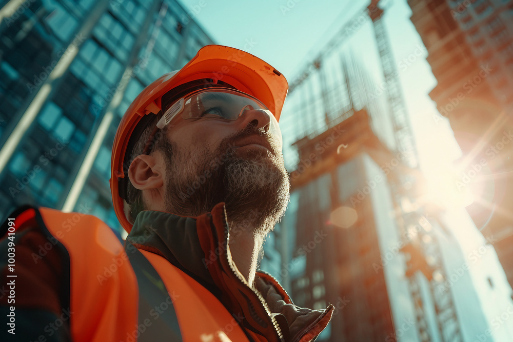 Poster builder in hardhat working on construction site generative ai concept