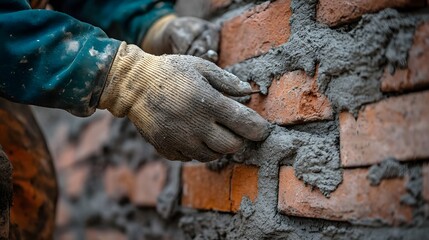 A worker is laying bricks on the wall