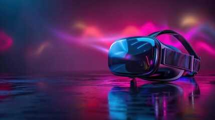 Futuristic VR headset on a reflective surface with a vibrant neon background, representing advanced virtual reality technology and immersive experiences.