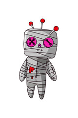 Cute mummy doll. Hand-drawn voodoo doll with eyes made of buttons and needles. Vector illustration on a white background.