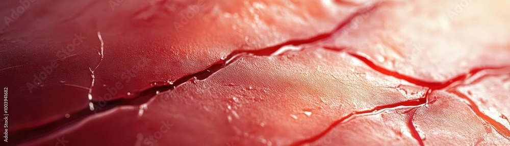 Poster detailed close-up of textured red surface with visible cracks, showcasing organic patterns and color