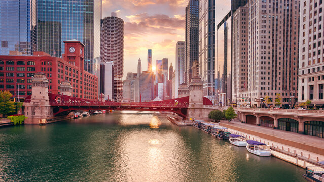 Chicago, Illinois, USA. Cityscape image of Chicago downtown skyline at beautiful autumn sunrise.