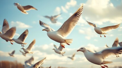 Obraz premium Flock of Birds Soaring in Peaceful Cloudscape