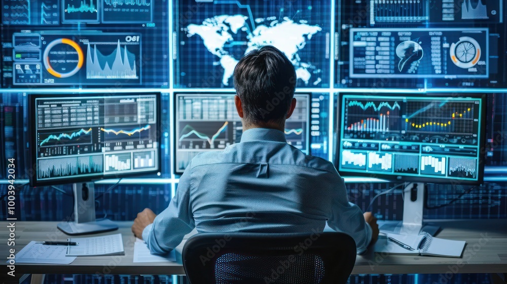 Poster a businessperson analyzing data on a computer screen, making decisions