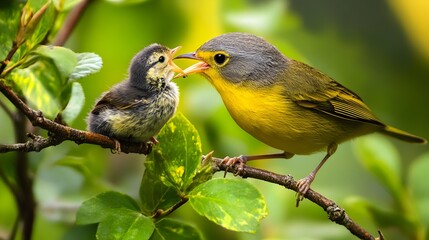 Caring Mother Bird Feeding Its Nestling on Spring Tree Branch
