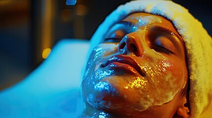 Fototapeta premium A woman enjoys a relaxing facial treatment with moisturizing cream, capturing a serene moment in a spa setting.