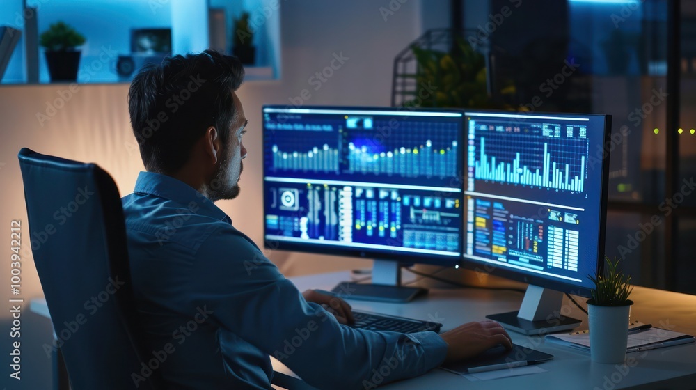 Poster a businessperson analyzing data on a computer screen, making decisions