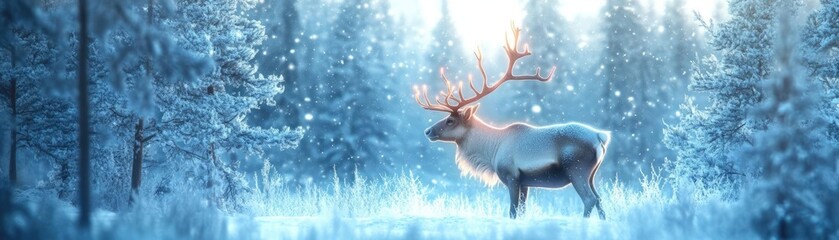 A serene winter scene featuring a majestic reindeer in a snowy forest, illuminated by soft, ethereal light.