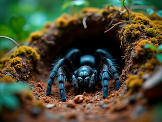 Close-up of a tarantula emerging from its burrow in a tropical rainforest, perfect for wildlife photography, nature documentaries, and educational content on arachnids  