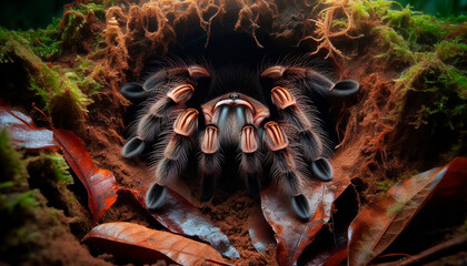 Close-up of a tarantula emerging from its burrow in a tropical rainforest, perfect for wildlife photography, nature documentaries, and educational content on arachnids  