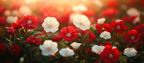 Red and white flowers bloom in a field with a soft, golden light shining down on them.
