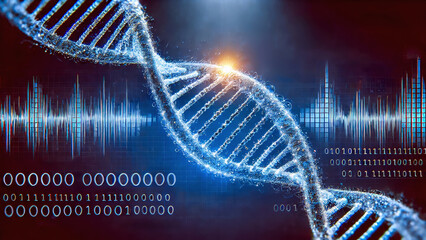 A digital representation of a DNA strand, surrounded by binary code and data waves, symbolizing the fusion of genetics and information technology.