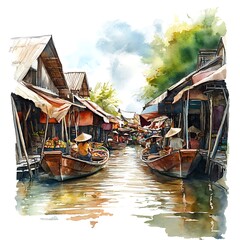 Obraz premium Watercolor Painting of a Busy Floating Market in Thailand.