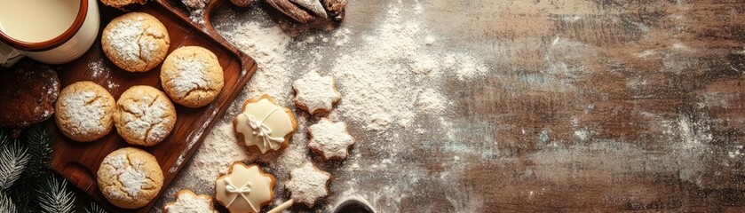 Fototapeta premium Delicious cookies on a wooden table, surrounded by flour, milk, and festive decorations, perfect for holiday celebrations.