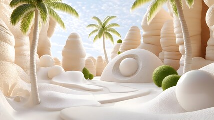 Serene Desert Oasis with Towering Rock Formations and Swaying Palm Trees