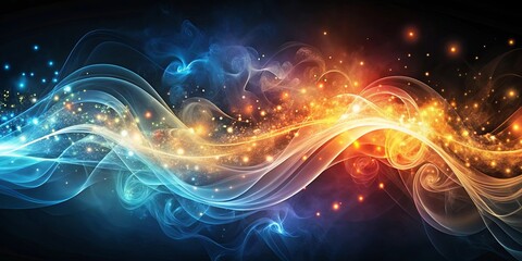 Abstract Cosmic Waves of Light and Energy, Blending Blue and Orange Hues with Sparkling Stardust