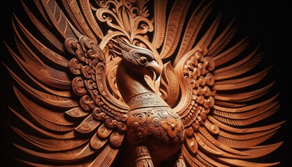 Fototapeta premium Ancient Thai stone lion carved door with intricate gold decoration, a symbol of Buddhist culture and architecture