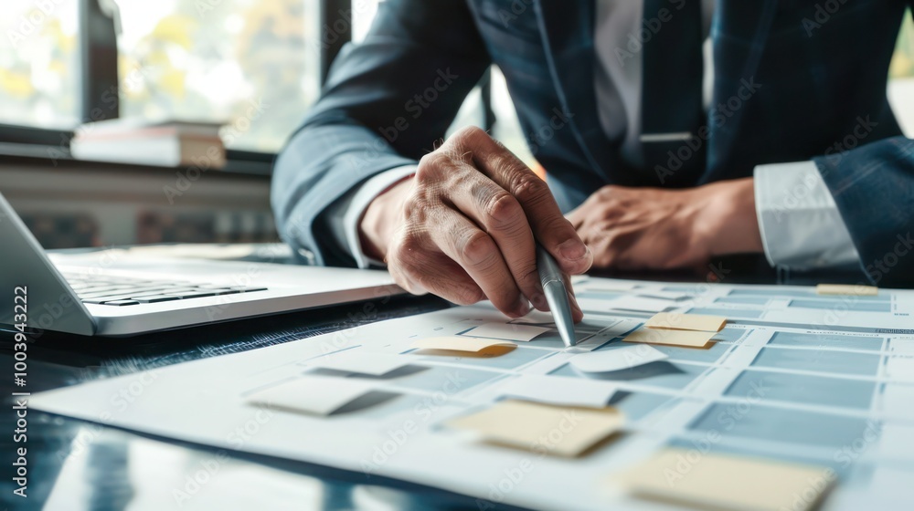 Poster a businessperson using a decision matrix to choose between different options