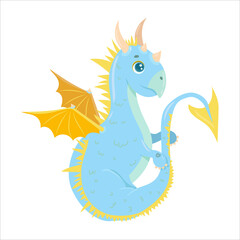 Blue dragon with wings. Cute fairy tale animal. fantasy Character of children's books. Dinosaur.