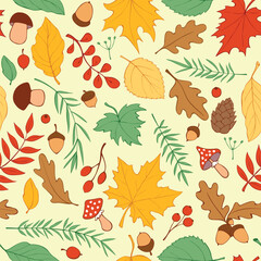 Seamless pattern falling leaves, acorns, berries, mushrooms. Vector color autumn texture, isolated, hand drawn in doodle flat style. Concept of forest, leaf fall, nature, thanksgiving