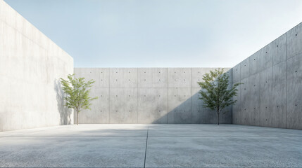 Two trees growing in empty concrete courtyard