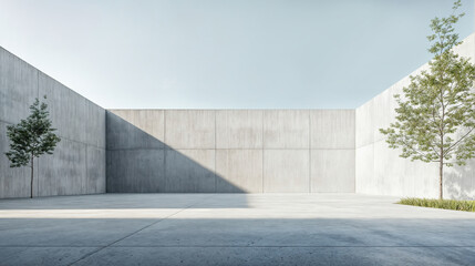 Minimalist concrete courtyard with two trees casting shadows on a sunny day