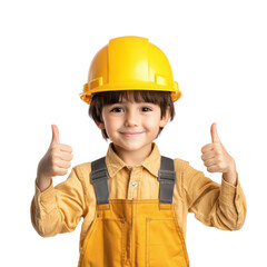 Happy boy in a yellow hard hat giving thumbs up gesture, white isolate background transparent background