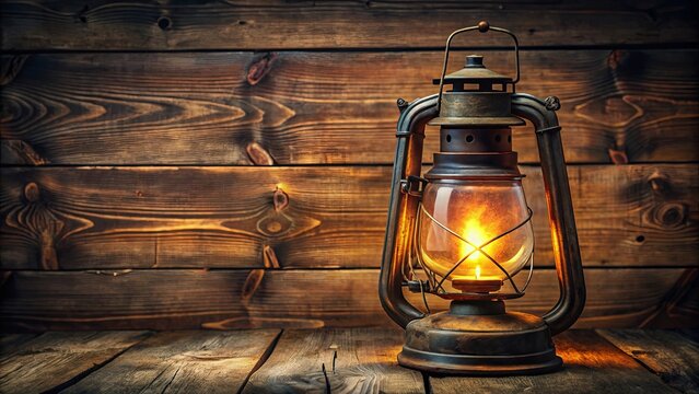 A glowing lantern sits on a weathered wooden surface, casting a warm glow against the rustic backdrop.