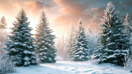 winter forest in the snow golden sun rise background