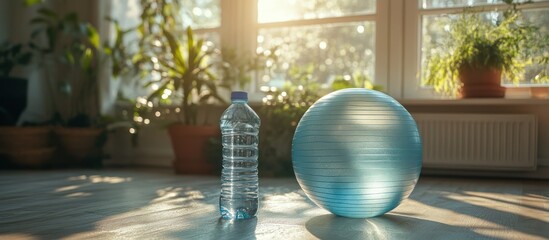 A blue exercise ball and a bottle of water on a wooden floor near a window.