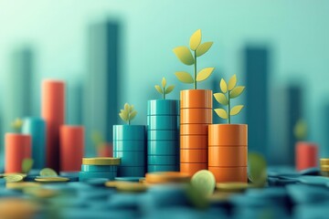 Economic growth through financial innovation flat design, side view, investment trends theme, 3D render, Triadic color scheme