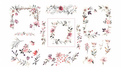 collection of watercolor leaves and flowers, delicate soft color translucent paints on a white background