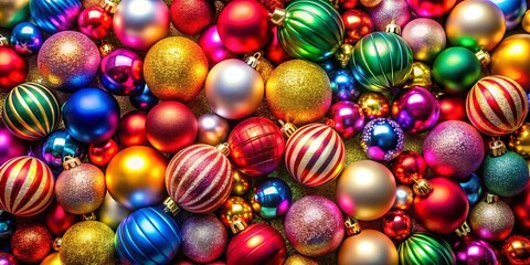 A vibrant and festive collection of Christmas ornaments in various colors and finishes, showcasing the beauty of traditional holiday decorations.