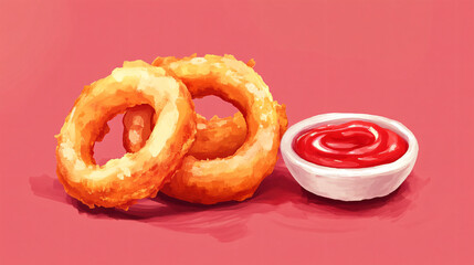 Fototapeta premium An illustration of a set of crispy onion rings with a side of ketchup.