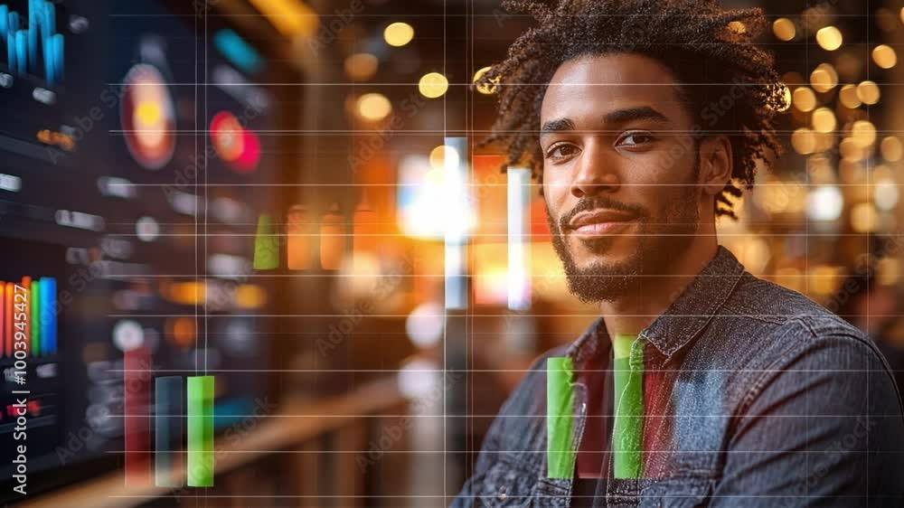 Poster young man engaging with data analytics visuals in a vibrant urban setting during the evening
