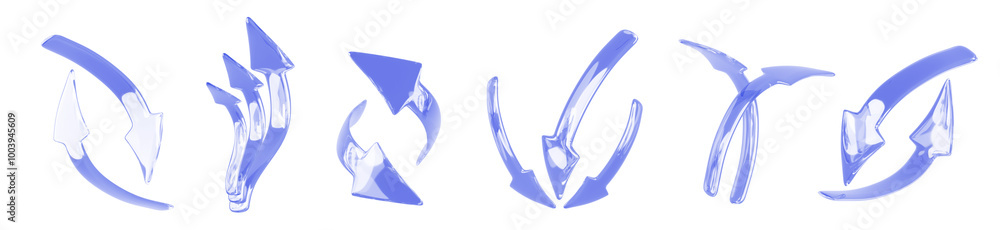 Poster 3d set of glass blue arrows isolated render icon. realistic glossy curved direction pointer up, down