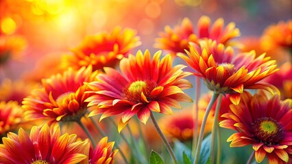 Fototapeta premium A vibrant cluster of red and yellow flowers basks in the warm glow of the setting sun, creating a breathtaking spectacle of nature's beauty.