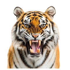 Obraz premium Majestic tiger roaring, showcasing fierce expression and detailed fur. transparent background