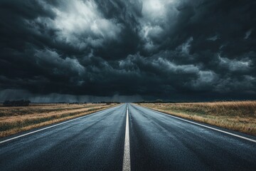 Naklejka premium Highway stretching into the vast, rural landscape under a dramatic sky, with fluffy clouds casting long shadows on the empty asphalt
