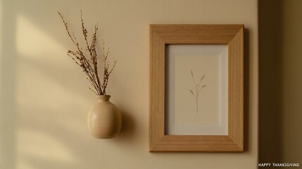 A light oak frame hung on a soft pastel-colored wall.