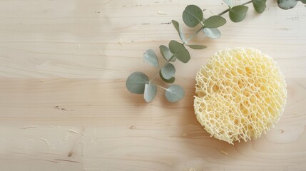 A natural loofah sponge, on a light wooden surface, A sprig of eucalyptus leaves