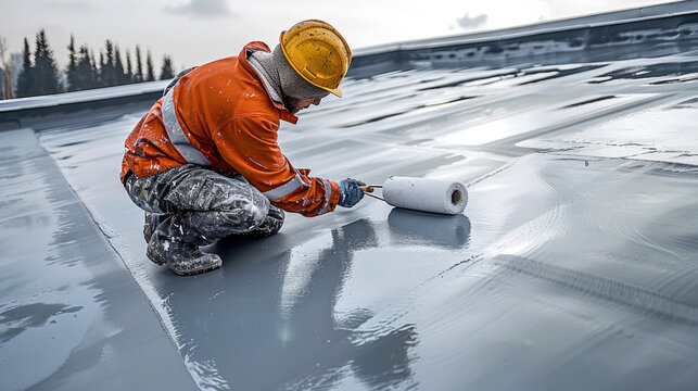 A worker is painting the roof of an industrial building with grey polyurethane paint. On top of it is a roller brush applying a white resin-based sealant.