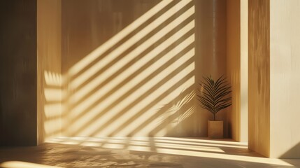 The image shows a minimalist, warm-toned interior space with strong shadows creating geometric patterns