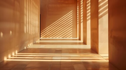 Fototapeta premium The image shows a minimalist, warm-toned interior space with strong shadows creating geometric patterns
