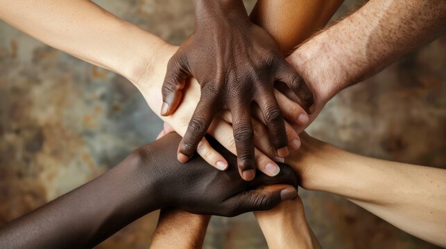 A close-up of hands of different skin tones held together in unity