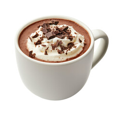 Rich hot chocolate topped with whipped cream and chocolate shavings. transparent background
