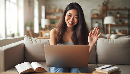 Young Asian woman waving during web based meeting at home. Digital nomad and remote work in modern business. Happy lady smiling on video conference call. Distance learning.